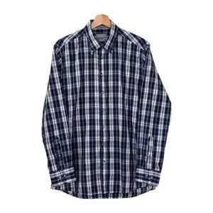 Sondergaard Casual Shirt Men 16 Blue White Plaid LS Buttons Collar Fitted Cotton